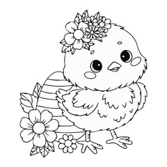 Cute little chick with Easter egg and flowers. Vector illustration. Line drawing, coloring book. Kids holiday collection.