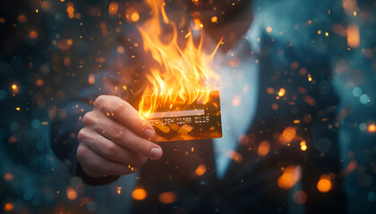 businessman holding burning credit card