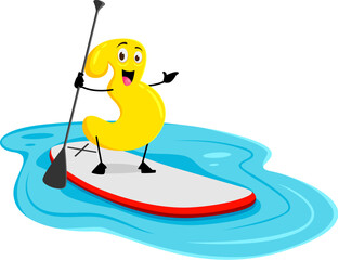 Cartoon cheerful math number three character riding a vibrant sup board enjoys a sunny summer vacation. Isolated vector 3 personage with a big grin, adding splash of fun to the numerical sea adventure