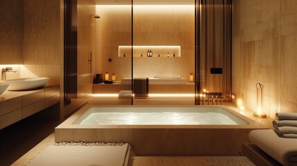A spa-like bathroom with a luxurious bathtub, modern fixtures, and soft ambient lighting.