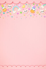 Trendy pastel pink kawaii background with cute air plasticine handmade cartoon animals, unicorns,...