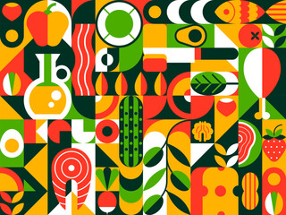 Abstract keto diet modern geometric pattern. Vector colorful tile with fatty and healthy natural products like oil, nuts, fish and eggs, meat, avocado and vegetable. Cheese, radish, bell pepper, olive - 722766460