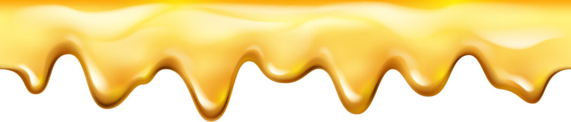 Dripping or melting caramel or sticky liquid. Vector isolated honey drops, flowing sweet fluid, maple syrup or nectar droplets. Realistic golden essence drip