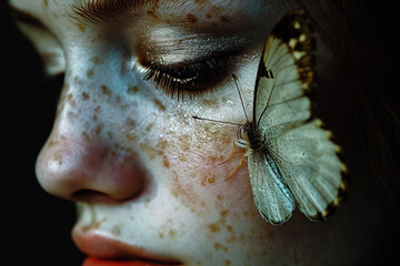 An artistic representation of a face where the nose is substituted by a delicate butterfly,
