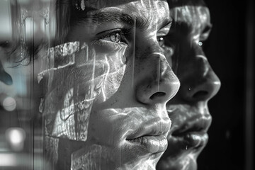 A conceptual image of a face with mirrors for eyes, reflecting the surrounding world,