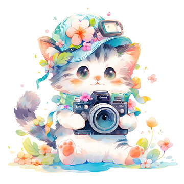 Kawaii Cat Photojournalist in Watercolor 10