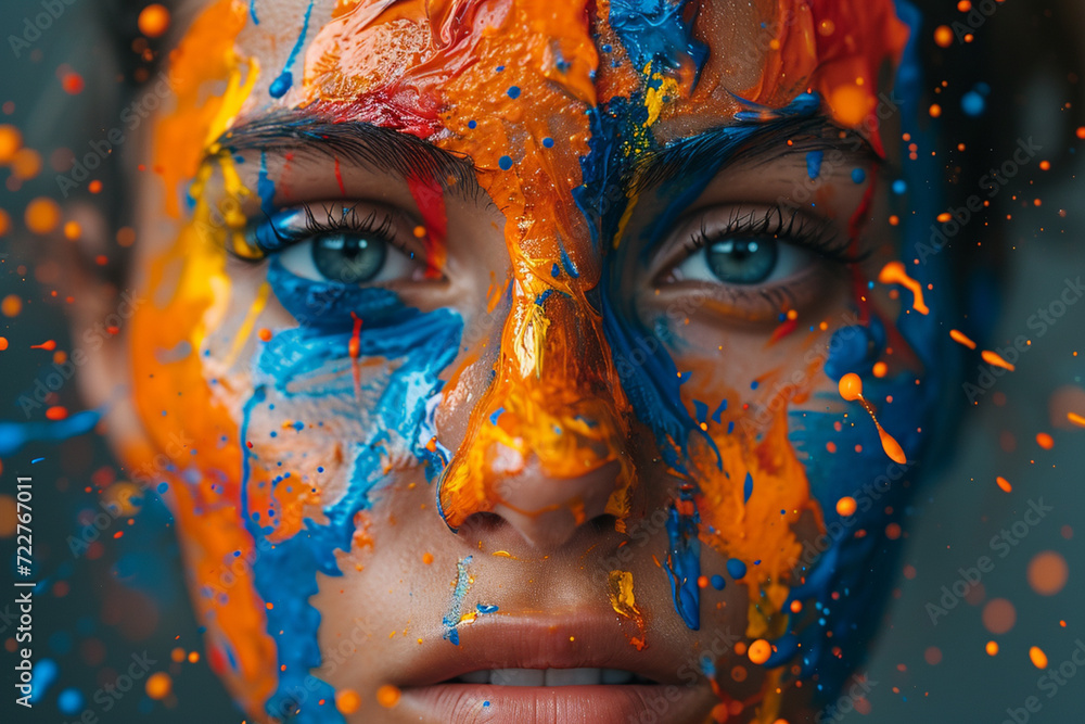 Aufkleber a portrait with a burst of colorful paint splatters obscuring the facial features,