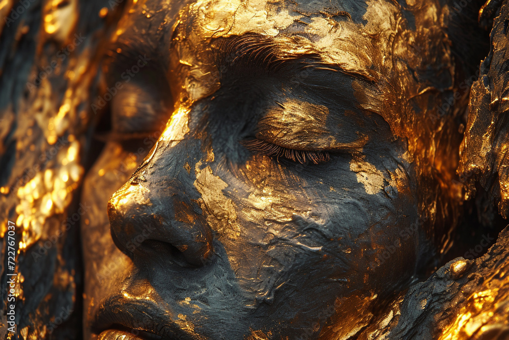Poster an artistic representation of a face where the features are made of molten gold,