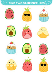 Tropical kawaii fruits. Squishmallow. Find two same pictures. Game for children. Cartoon, vector