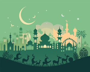 Islamic Celebration Template Background Style Design. Mosque vector cartoon illustration. Islamic element for ramadhan, eid mubarak, etc.	