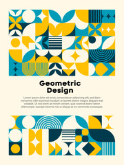 Modern turquoise and yellow abstract geometric Bauhaus pattern posters. Event advertising flyer design layout with Bauhaus elements vintage pattern, corporate identity vector poster, retro background - 722767206