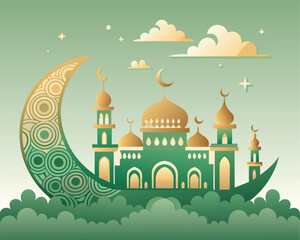 Islamic Celebration Template Background Style Design. Mosque vector cartoon illustration. Islamic element for ramadhan, eid mubarak, etc.	