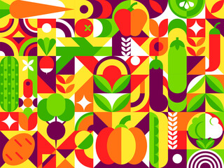 Abstract vegetable modern geometric pattern. Vector vibrant background features mosaic of fresh veggies. Bell pepper, tomato, carrot and potato. Pumpkin, cucumber, broccoli or cauliflower and radish