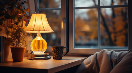 lantern on windowsill. autumn seasonal composition. symbol of fall time. Mabon, thanksgiving, halloween concept. home comfort. autumn equinox holiday - obrazy, fototapety, plakaty