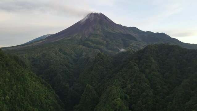 Drone video view of Mount Merapi from the Turgo area, Yogyakarta, Indonesia.