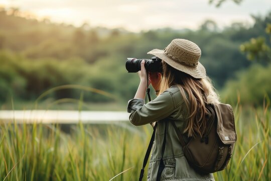 Professional female photographer taking photos in a natural landscape