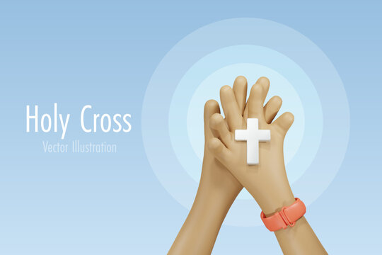 Holy crucifix cross in prayer hands. Christian religious, faith, hope love and peace concept. 3D vector cartoon character.