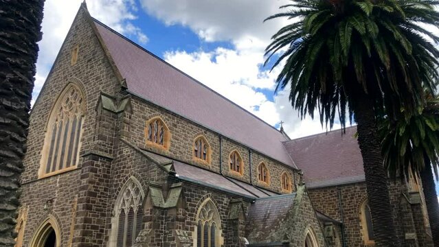 Church. View of church and palm trees. St Patricks Cathedral. Ballarat, Australia.