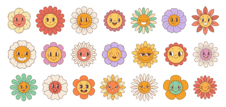 Retro groovy hippie daisy sunflower flower faces. Isolated vector set of cute happy chamomile characters. Joyful and whimsical garden blossoms, radiating vibrant energy, positive smiles summer vibes