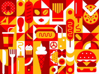 Fast food abstract modern geometric pattern in retro mosaic, vector background. Fast food pizza, burger and ice cream with hot dog sandwich and donut with cupcake and soda drink in geometric pattern - 722767894