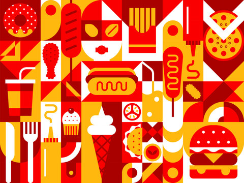 Fast food abstract modern geometric pattern in retro mosaic, vector background. Fast food pizza, burger and ice cream with hot dog sandwich and donut with cupcake and soda drink in geometric pattern