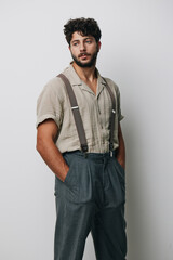 Fototapeta premium Person caucasian handsome attractive men male adult portrait young fashionable model background