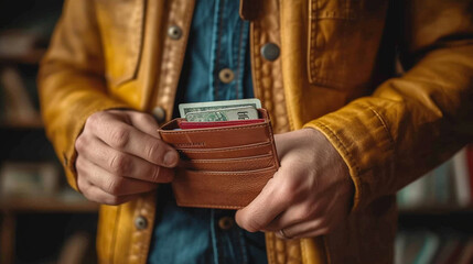 The wallet is in the hands of a man - obrazy, fototapety, plakaty