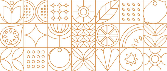 Fototapeta premium Fruit food in modern line geometric pattern or mosaic tile, vector background. Fruits pattern in thin line abstract geometry, outline apple, orange and lemon with fig and kiwi in geometric linear tile