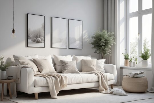 Scandinavian, hygge home interior design of modern living room