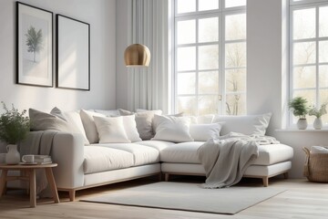 Fototapeta na wymiar Scandinavian, hygge home interior design of modern living room