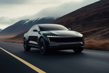 Obraz premium Black electric SUV driving on the street through the mountains