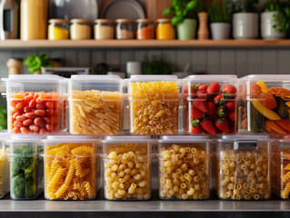 Neatly organised transparent containers filled with various pasta shapes on a shelf.