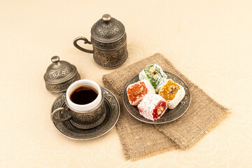 Turkish Coffee with Turkish Delight on authentic metal plate
