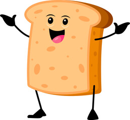 Cartoon cheerful bread slice breakfast character with a smiling face, golden crust, and cereal seeds, radiates warmth and comfort. Isolated vector funny toast personage inviting a friendly encounter