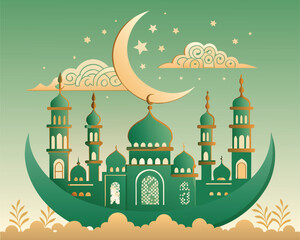 Islamic Celebration Template Background Style Design. Mosque vector cartoon illustration. Islamic element for ramadhan, eid mubarak, etc.