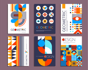 Abstract modern geometric pattern on presentations and posters. Business presentation page vector template, company corporate identity retro design flyer or banner with Bauhaus geometric patterns