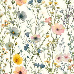 Vintage Pastel Watercolor Flowers Seamless Pattern