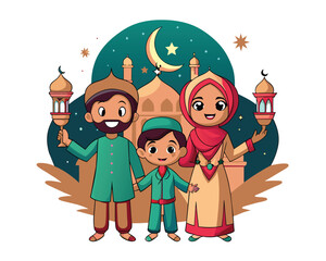 Naklejka premium Cartoon character ramadan kareem eid mubarak moslem illustration Vector