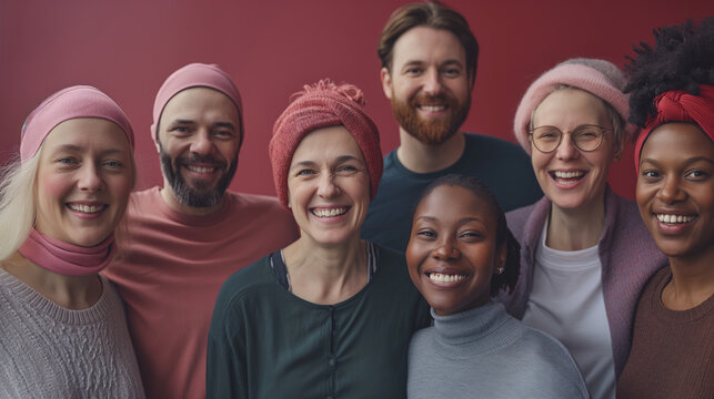 heartwarming concept for World Cancer Day, featuring a diverse group of cancer survivors, both men and women