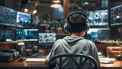Asian boy wearing headphones playing a game, person watching tv, person watching tv in front of tv, person watching tv in front of screen, children playing games, GenerativeAi illustration