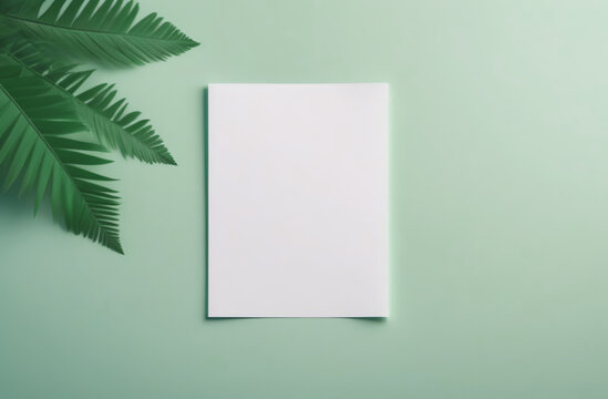 Blank empty cardstock sheet Invitation without text, invitation mockup. Dry grass, pampas plant, green desk. Flat lay, top view. Soft paper card mock up. Modern Minimal business brand template. A4
