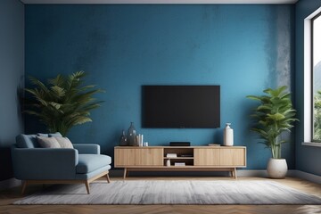 Modern living room interior design and blue wall texture background