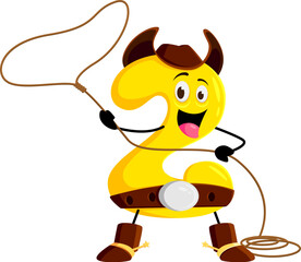Cartoon math number two cowboy and ranger character. Isolated vector 2 personage sporting a ten-gallon hat and wielding a lasso, rounds up numerical fun with whimsical twist on mathematical frontier
