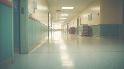Obraz premium Long hospital bright corridor with rooms and seats 3D rendering
