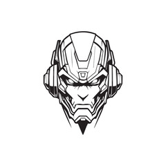 2d black outline vector hand drawn art style minimalism black and white head of cyborg humanoid