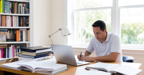 Individual dedicated to learning in a bright, modern home office