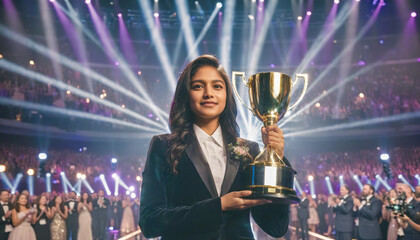 Spotlight on Award Winning Indian Female Holding Trophy. Rewards & Recognition Concept.