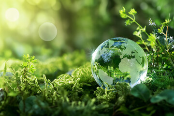 Obraz na płótnie Canvas Glass globe in sunshine garden. Earth's day concept background. Copy Space.