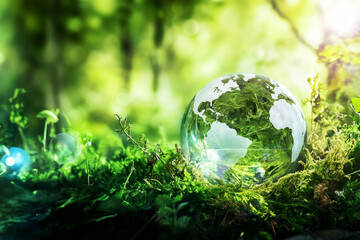Glass globe in sunshine garden. Earth's day concept background. Copy Space.