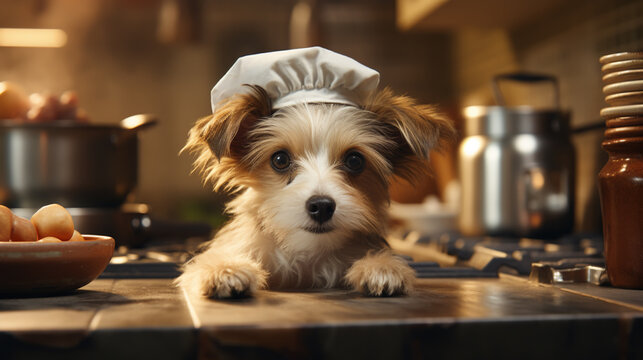 Happy Dog is cooking Wearing a chefs shirt